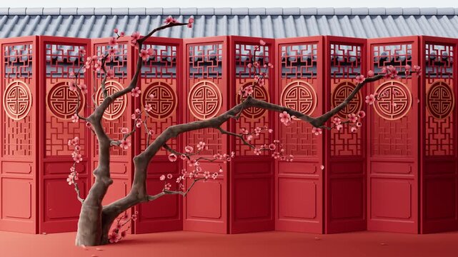A serene traditional Chinese new year celebration with blooming plum tree, red folding screen, and falling petals, a festive ambiance for spring festival footage