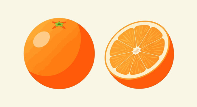 Minimalist digital illustration of an orange whole fruit and a half sliced orange fruit