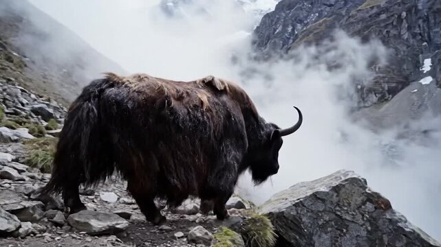 A large, shaggy yak exhales steam in a mountainous, rocky landscape with snow-covered peaks in the distance