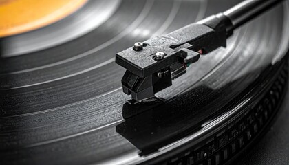 Close-up of a vinyl record player in operation, vintage style.