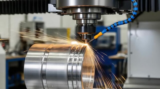Close-up Of Cylindrical Metallic Part Being Machined By Cnc Mill With Sparks Flying In Workshop Setting Possibly For Industrial Manufacturing Processes
