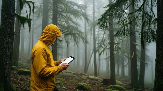 Person In Yellow Raincoat Using Tablet In Foggy Forest Trees Moss Dense Fog Surround Them For Outdoor Technology Nature Exploration Travel-related Content
