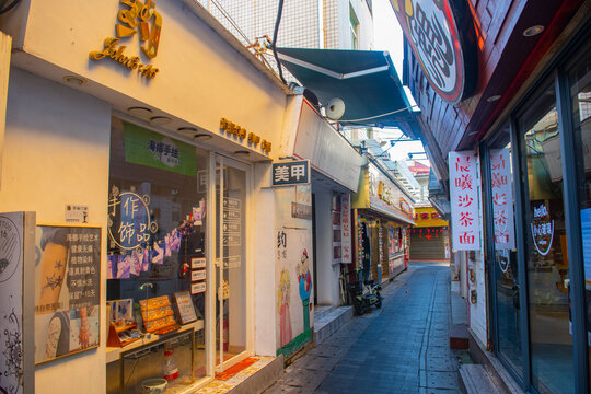 Historic commercial buildings in Zeng Cuo An village in historic Xiamen City, Fujian Province, China. 