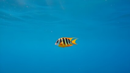 Tropical Yellow and Black Striped Angelfish Swimming in Clear Blue Underwater