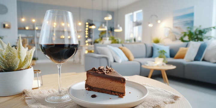 Chocolate cake slice with red wine glass on wooden table in cozy living room