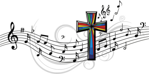 Obraz premium Creative music style template with colorful cross, music staff, and notes. Religion-themed design for gospel church music, choir singing, prayer, and Christian concerts. Inspires worship through sound