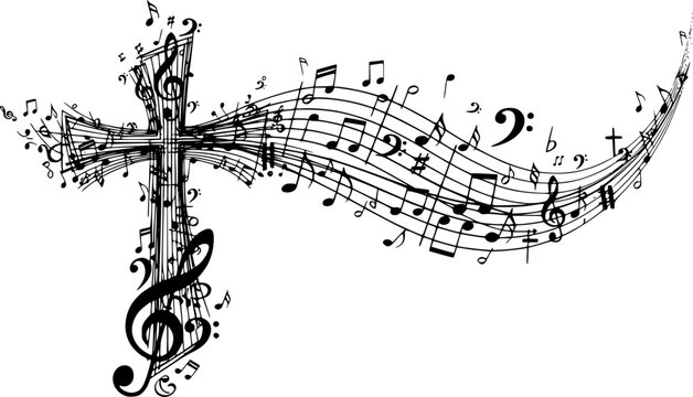 Creative music style template with colorful cross, music staff, and notes. Religion-themed design for gospel church music, choir singing, prayer, and Christian concerts. Inspires worship through sound
