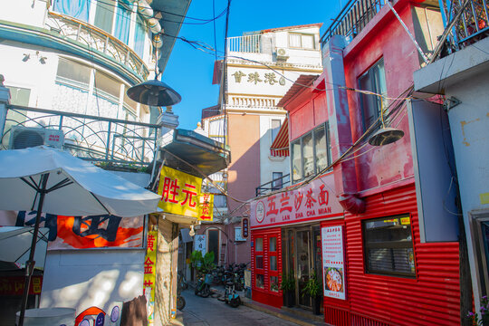 Historic commercial buildings in Zeng Cuo An village in historic Xiamen City, Fujian Province, China. 
