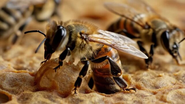 Close-up view of bees on honeycomb, showcasing their intricate details and activities.