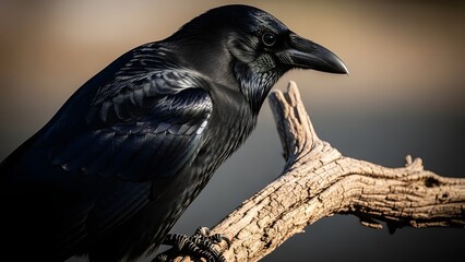 Naklejka premium Close-up of a black raven perched on a brown tree branch isolated PNG with Transparent Background