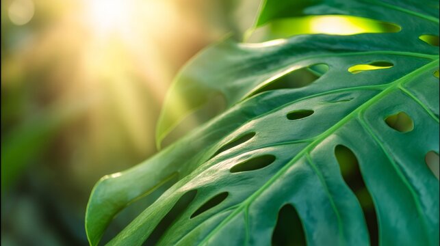 fenestration. Close-up of a lush Monstera leaf with natural fenestrations, bathed in soft diffused sunlight from a tropical canopy. gardening catalogs.
