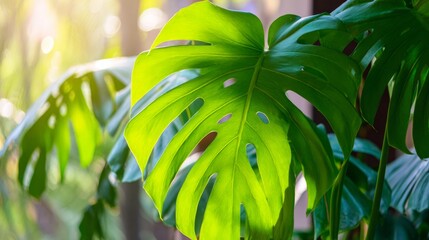 fenestration. Close-up of a lush Monstera leaf with natural fenestrations, bathed in soft diffused sunlight from a tropical canopy. gardening catalogs.
