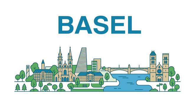 Basel city skyline with historic landmarks vector illustration