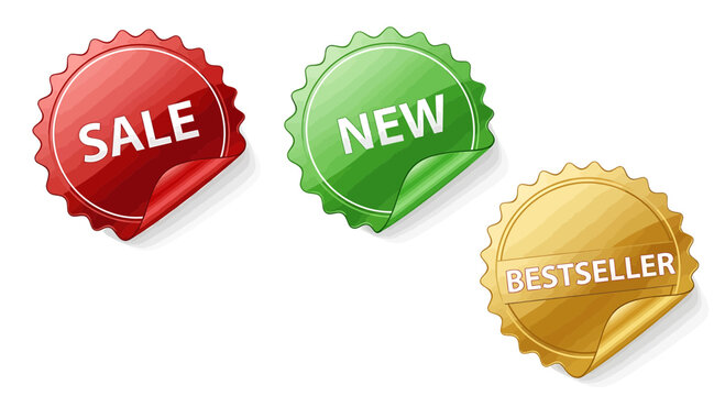 Red Sale, Green New, and Gold Bestseller Stickers - Isolated on White Background