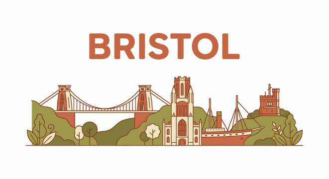 Bristol city skyline and famous landmarks vector illustration