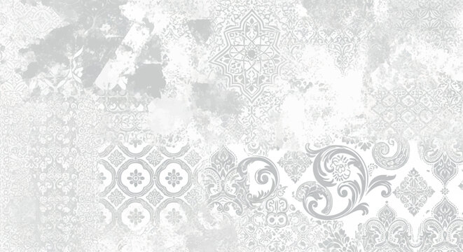 Faded, ornate patterns in grayscale create a vintage textured background.