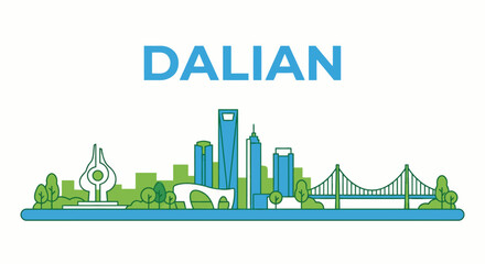 Fototapeta premium Dalian city skyline with bridge and landmarks vector illustration