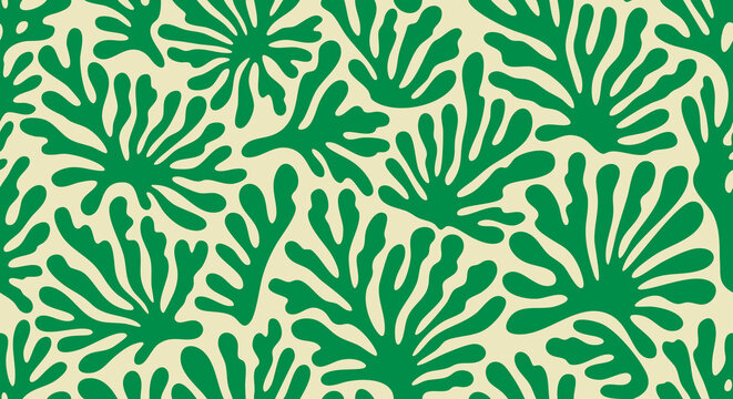 A seamless pattern of stylized green seaweed or plant life on beige.