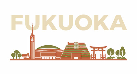 Fototapeta premium Fukuoka city skyline landmarks and text vector illustration