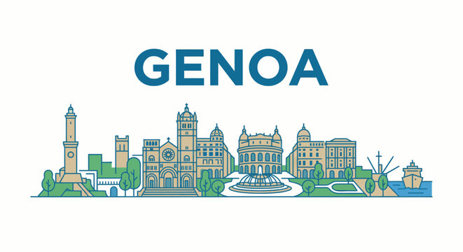 Genoa city skyline landmarks travel vector illustration