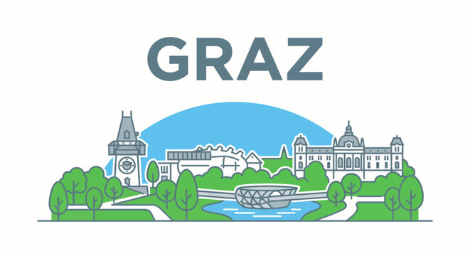 Graz city landmarks and skyline vector illustration