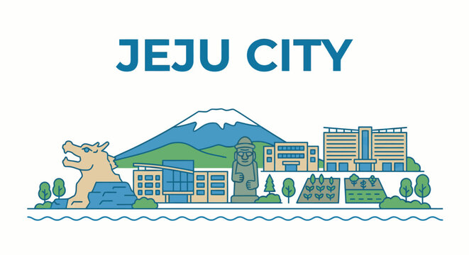Jeju City landmarks and mountain skyline vector illustration