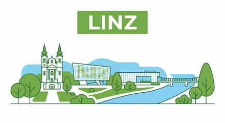 Fototapeta premium Linz city skyline landmarks flat vector illustration