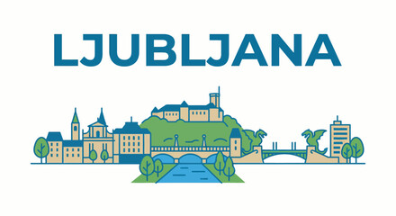 Obraz premium Ljubljana city skyline with castle and bridge vector illustration