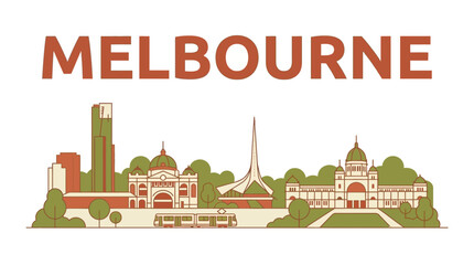 Obraz premium Melbourne city skyline with famous landmarks vector illustration