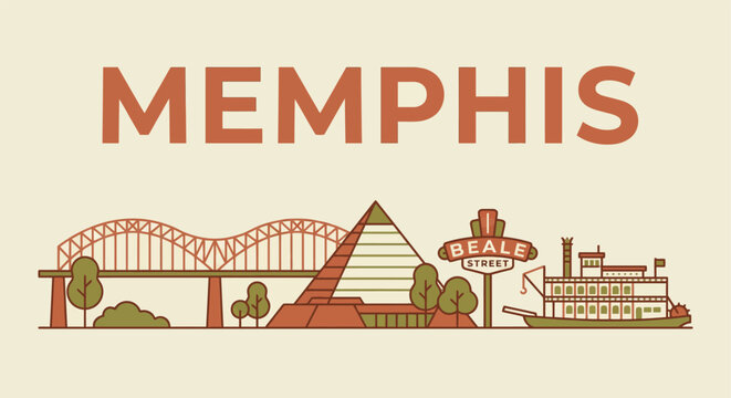 Memphis city landmarks skyline flat vector illustration