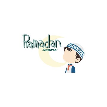 A minimalist, cute profile of a young boy wearing a kopiah against a soft crescent moon.