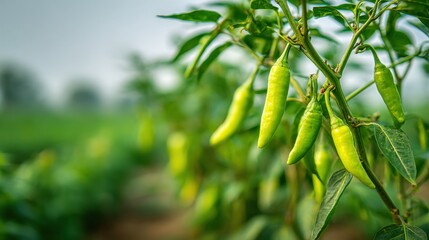 Green chilies forming on plants small pods hanging fresh on blurred background 