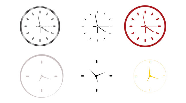 A set of six different minimalist and modern analog clock face designs isolated on white background
