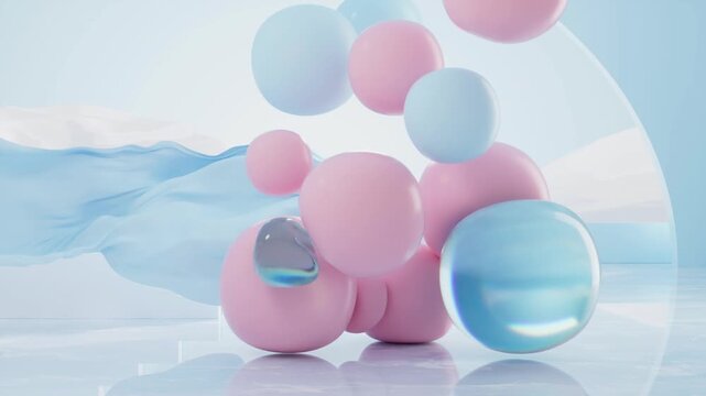 Abstract motion graphic with colorful spheres bouncing and squishing on a reflective surface against a light blue backdrop