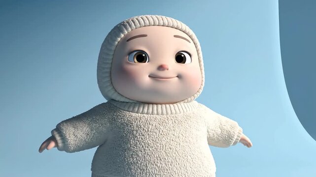 Cute 3D animated baby character in a cozy knitted outfit, expressing various emotions from sleepiness to happiness, on a soft blue background.