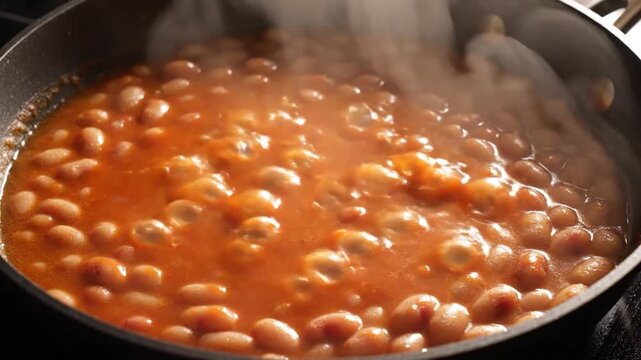 Close-up of white beans simmering in a red sauce in a pan
