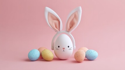 Fototapeta premium Cute Easter Egg with Bunny Ears Headband Surrounded by Colorful Eggs on Soft Pink Background for Holiday Celebrations