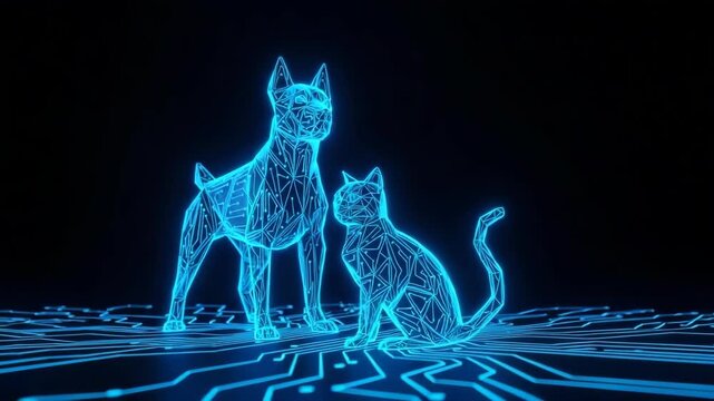 Digital Low-poly Dog Cat On Circuit Board Glowing Blue On Black Background Technology Future Animal Concepts