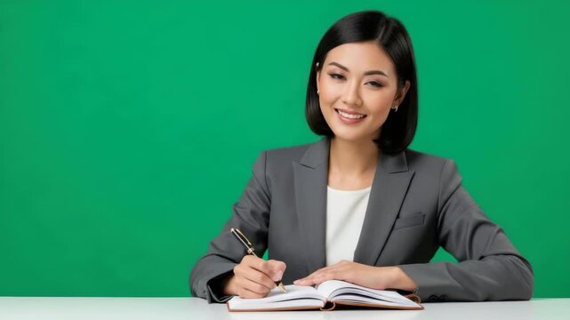 Businesswoman in suit writing in notebook against green backdrop