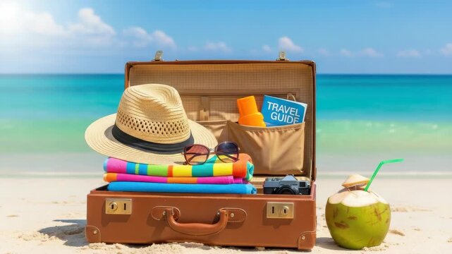 Open Suitcase Beachside Filled With Summer Travel Essentials Like Hat Sunglasses Towels Sitting On Sand With Turquoise Ocean In Background Concept Of Vacation For Travel Agencies Blo