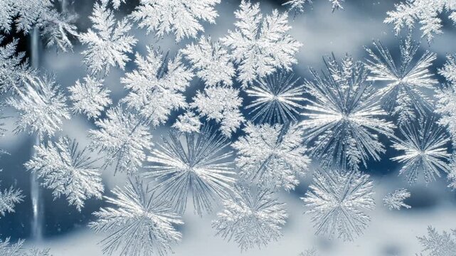 Close-up of beautiful frost patterns on window glass, intricate ice crystals
