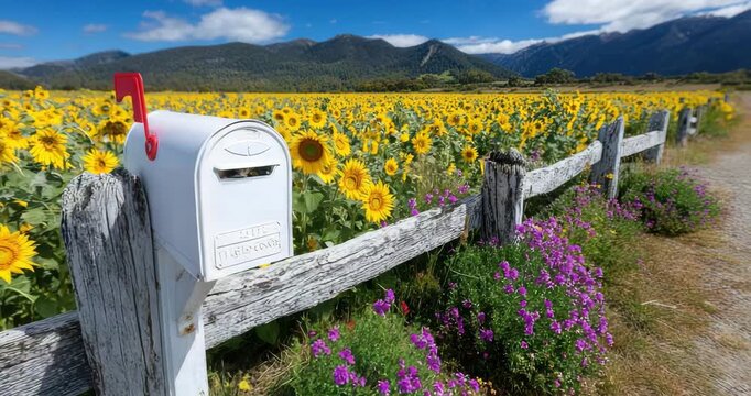 Rustic mailbox in a vibrant field of sunflowers with mountains