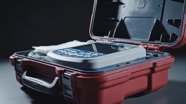 Close-up of a red and silver medical defibrillator in a semi-closed case against a dark background.