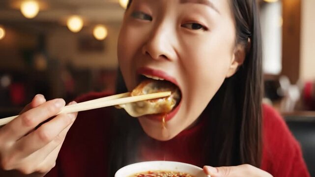 Person using chopsticks to dip a pan-fried dumpling into a sauce