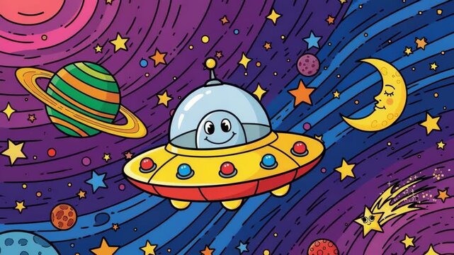 Smiling Cartoon Alien In Spaceship Flies Through Colorful Outer Space With Planets Stars Crescent Moon In The Background For Childrens Educational Materials