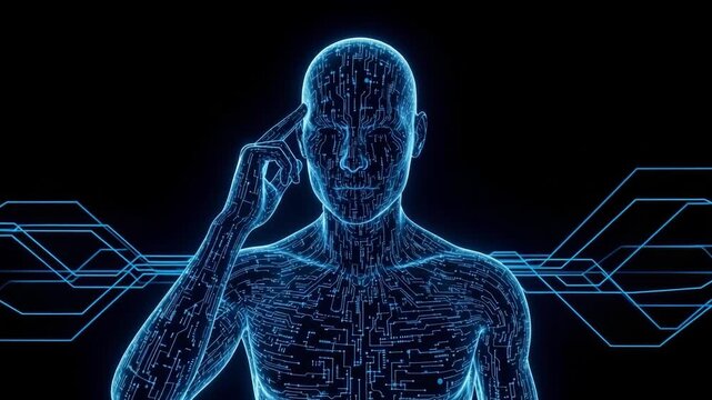 Digital Human With Circuitry Design Touching Their Temple Against Dark Backdrop With Circuit-style Lines For Technology Ai Innovation Concepts