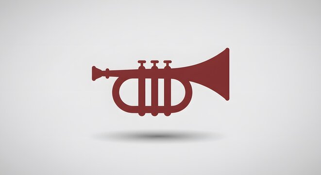 A maroon trumpet icon with its mouthpiece to the left, and flared bell to the right, on gray