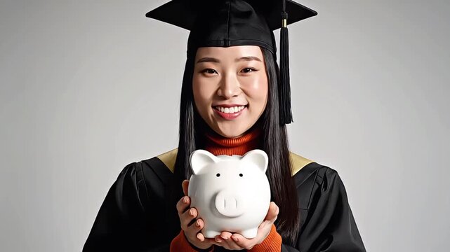 Graduate holding a piggy bank symbolizing savings for future.