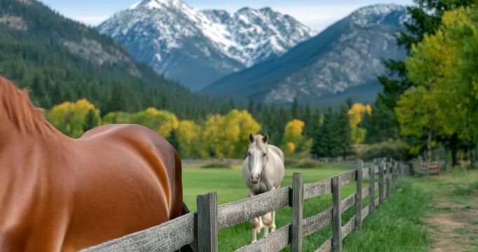 Horses in a scenic mountain meadow with a wooden fence