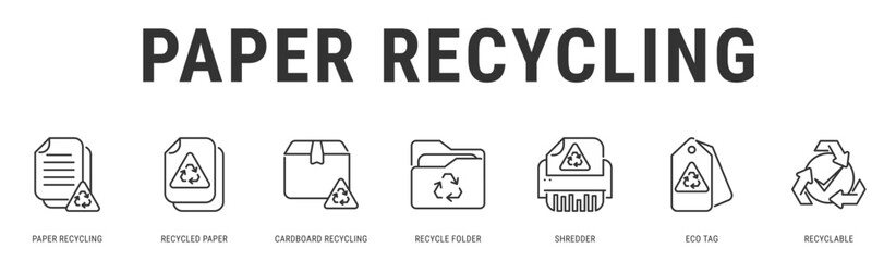 Paper Recycling web banner icon vector illustration with Paper Recycling, Recycled Paper, Cardboard Recycling, Recycle Folder, Shredder and Eco Tag